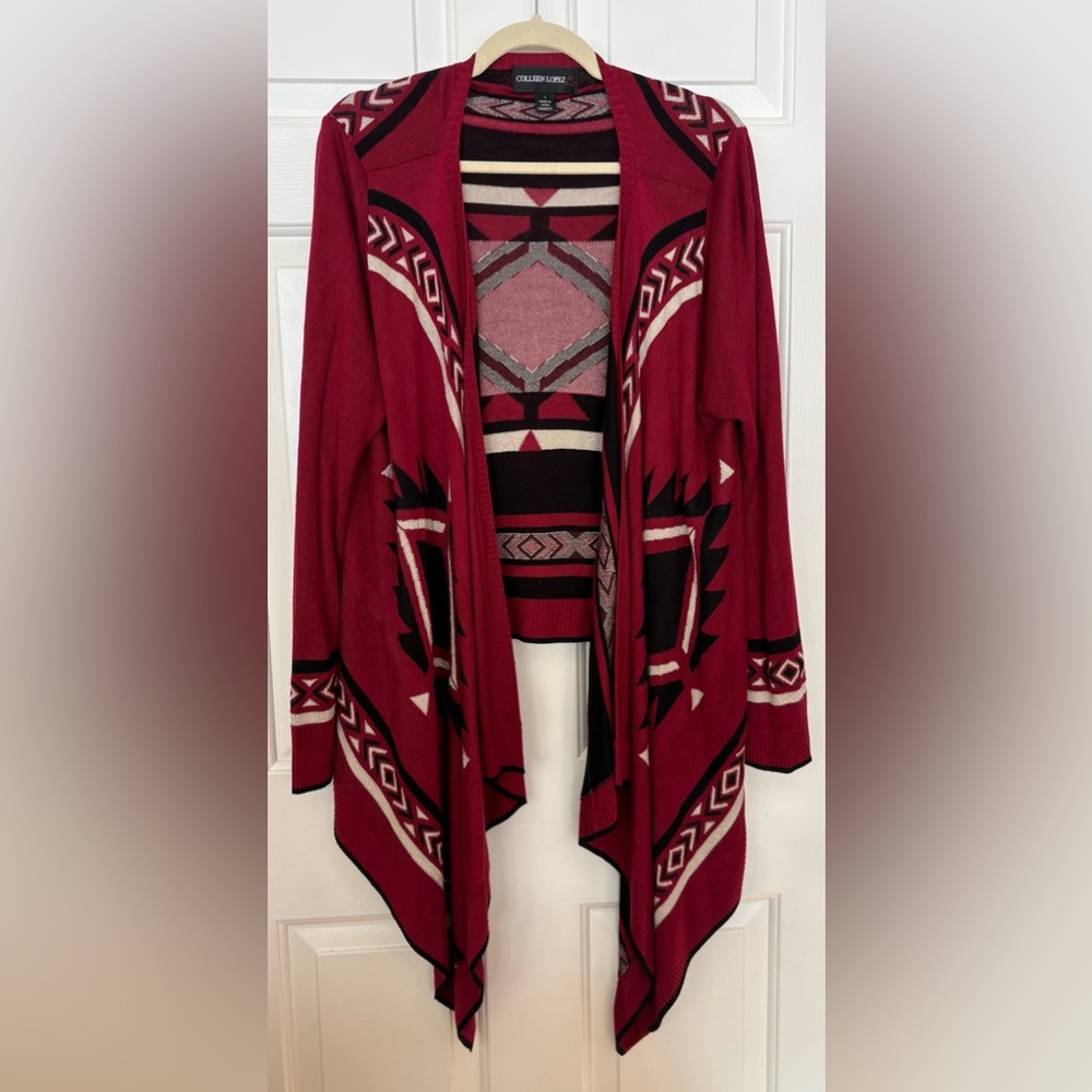 Colleen Lopez Red Aztec Knit Waterfall Cardigan Sweater Open Size L - Picture 1 of 4